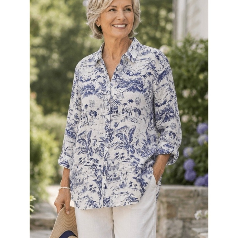 Joie Linen Shirt Blue White Large Tropical Coastal Classic Vacation Resort